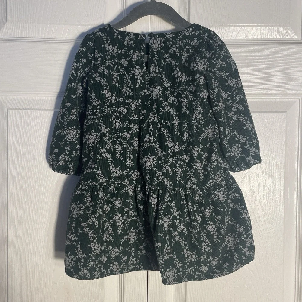 Baby Gap Corduroy Dress Girls 3‎ Dark Emerald Green Floral Tired Long Sleeve